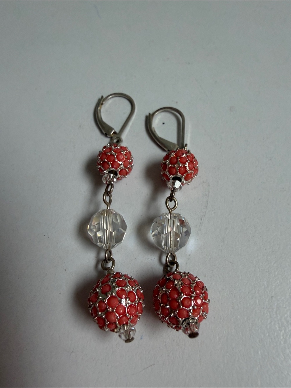 Coral Bead Drop Earrings with Faceted Crystal Accent